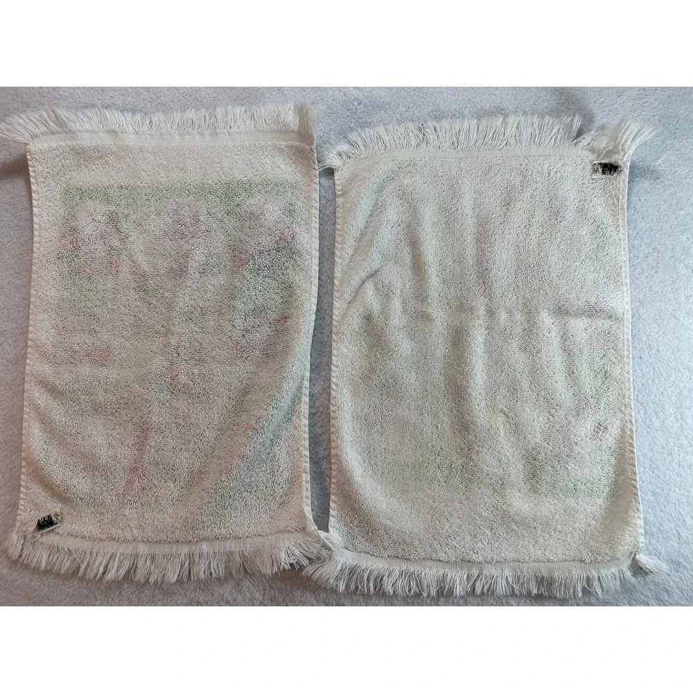 Vintage Royal Terry Snowman Christmas Hand Towels Set of 2 Green White Fringe